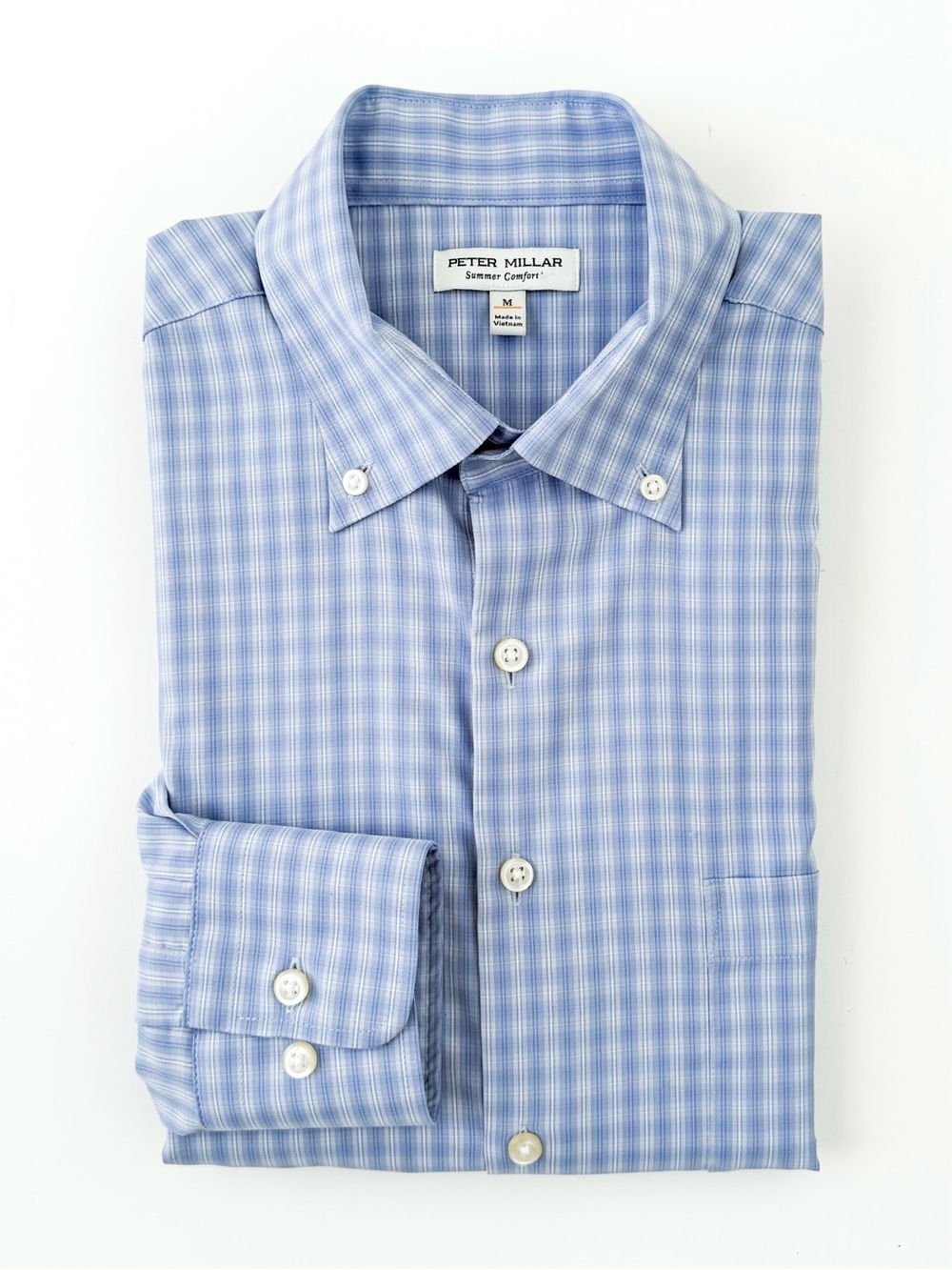 NEW Peter Millar "Summer Comfort" Blue White Gingham Button-Down Shirt M Stretch